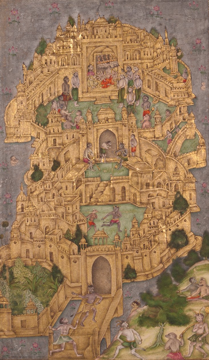 Ravanas gyldne citadel i Lanka, ca. 1610 (ugennemsigtigt wc & guld på papir) af Indian School