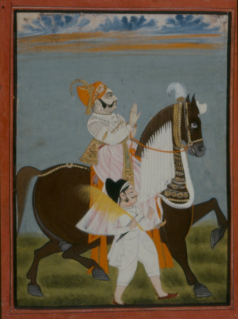 Rawat Bhim Singh fra Salumber Riding Noor, 1820 af Indian School