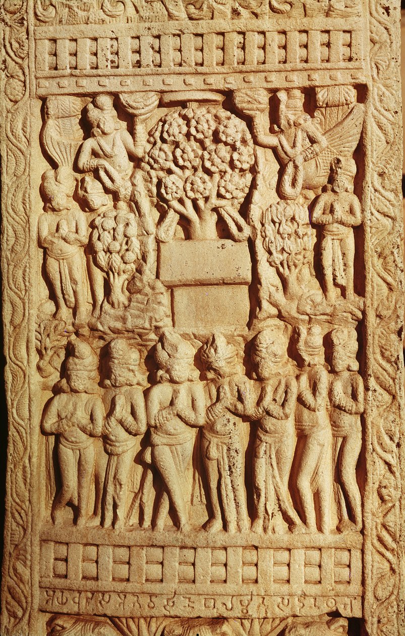 Relief, der viser tilbedelsen af Buddha repræsenteret af et træ, Sen Mauryan Periode, Sunga-dynastiet (180-72 f.Kr.) af Indian School