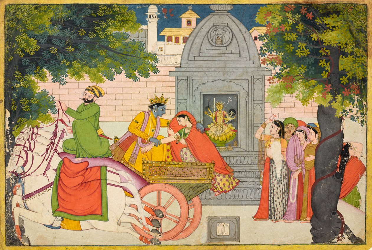 Rukmini flygter med Krishna, folio fra en Bhagavata Purana, ca. 1780 af Indian School