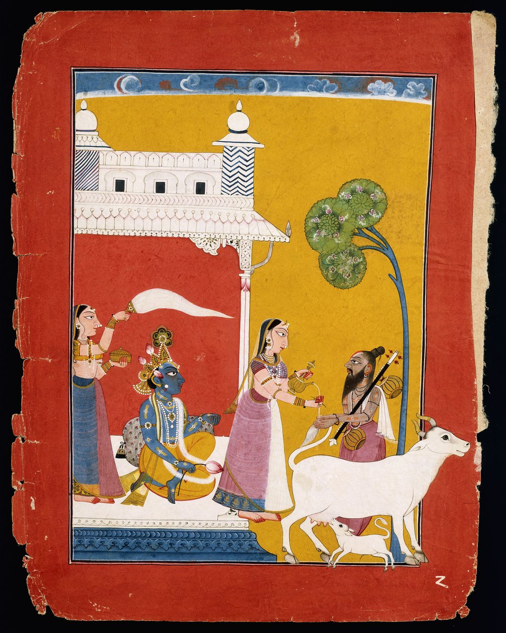 Rukmini tilbyder vand til vismanden Narada, mens hendes ægtefælle Krishna sidder i hendes hus, ca. 1725-1730 af Indian School