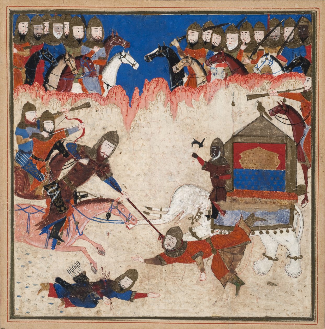 Rustam lassos Khaqan fra Kina og trækker ham fra sin elefant, ca. 1450 (ugennemsigtigt wc & guld på papir) af Indian School
