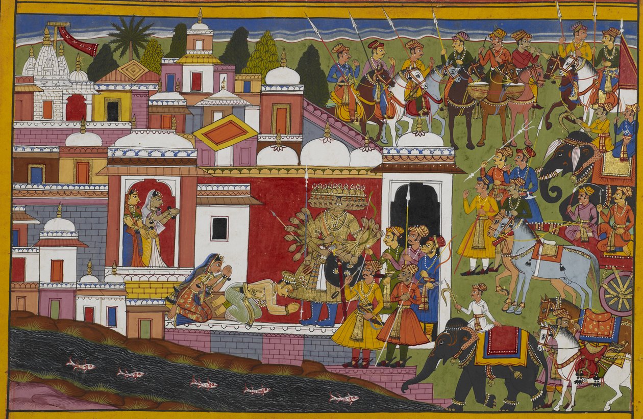 Rāvaṇa skåner Madhu på Kumbhinasis opfordring og danner en alliance med ham mod guderne. af Indian School