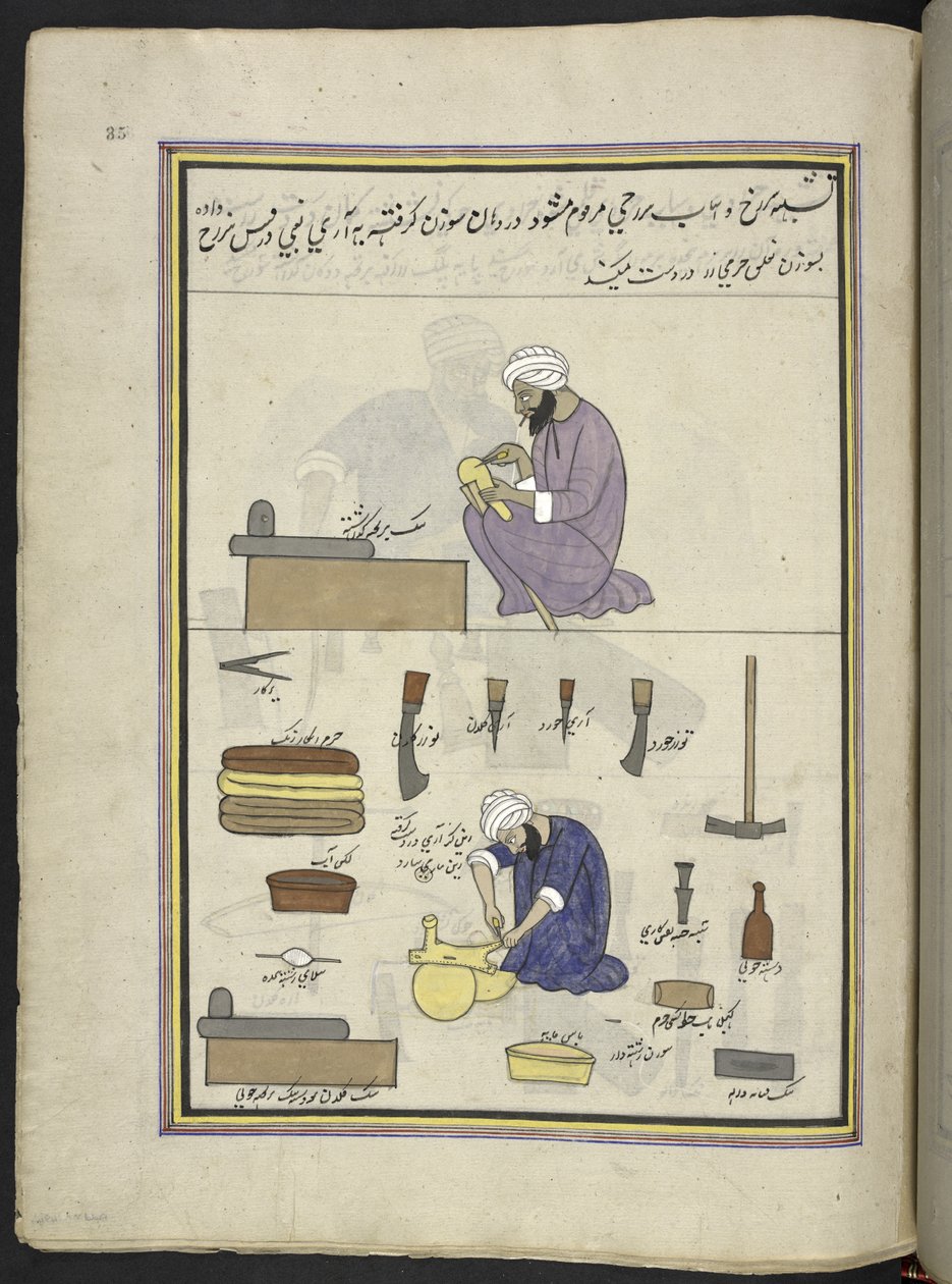 Sadelmagere,  86 tegninger indbundet i et bind, der viser håndværk og erhverv i Kashmir, håndværkere vises i arbejde med deres redskaber og udstyr,  Af en Kashmir-kunstner, sandsynligvis i Srinagar, ca. 1850-60 (gouache på papir) af Indian School