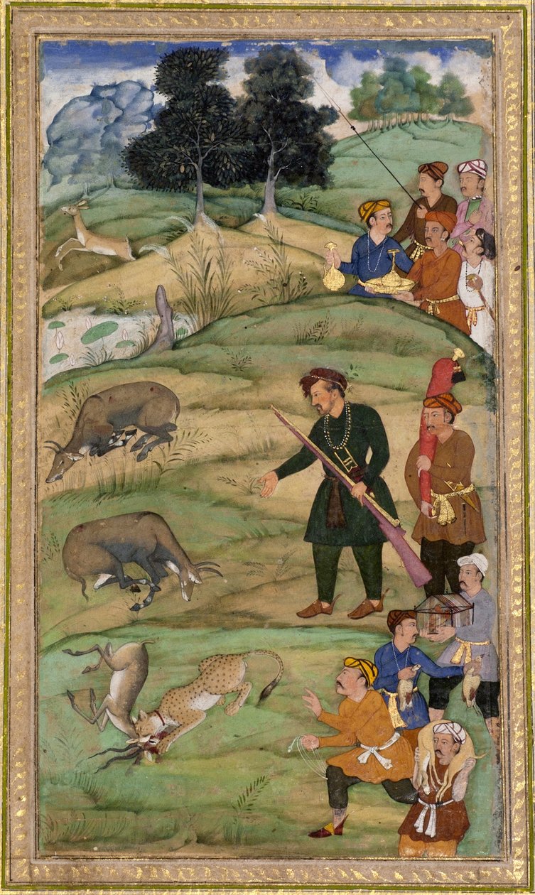 Salim, der holder sin riffel, gestikulerer mod en død nilgai, ca. 1600 (ugennemsigtigt wc & guld på papir) af Indian School