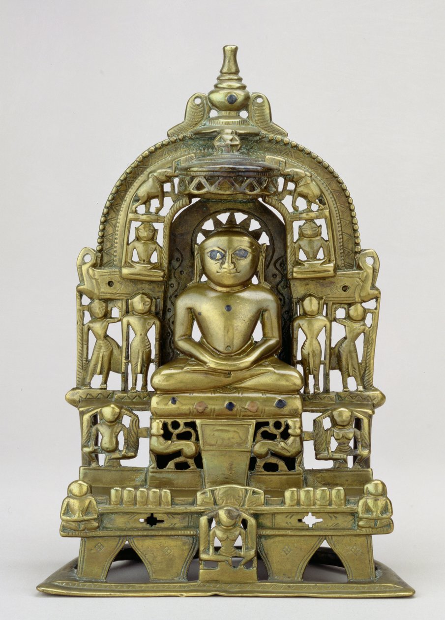 Siddende billede af Jain Tirthankara Kuntanatha, Vasantagarh, det sydlige Rajasthan, 1476 (messing med kobber- og sølvindlæg) af Indian School