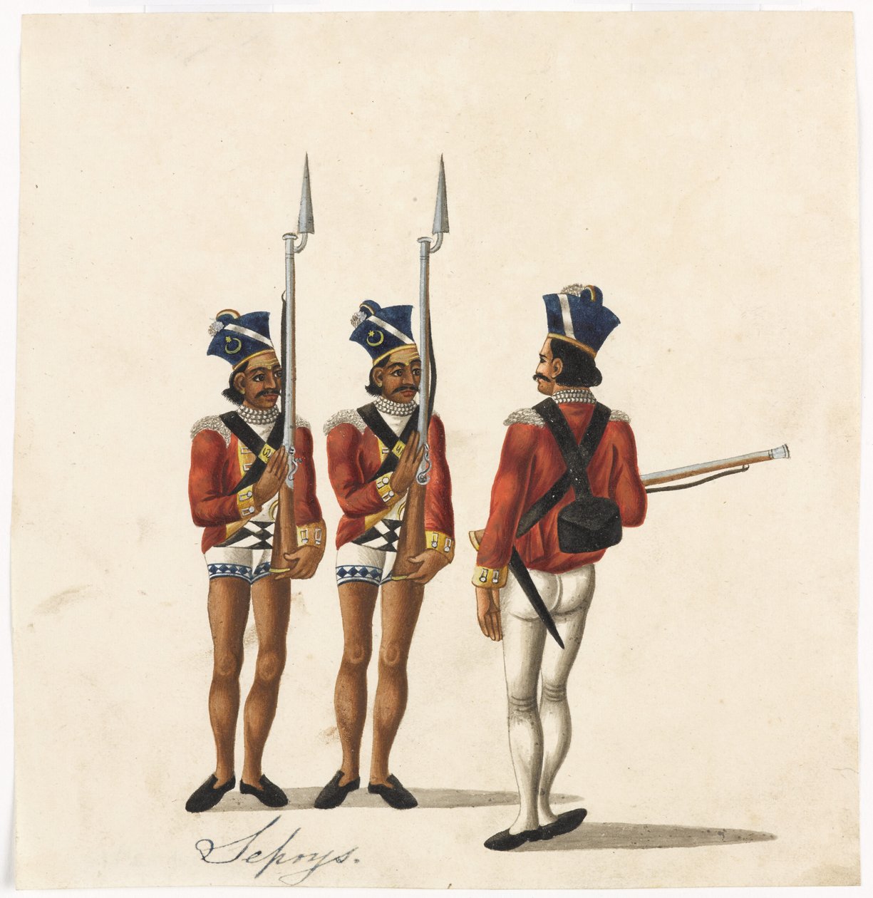 Sepoys og en indisk officer, Bengal Army, ca. 1815 (akvarel på papir) af Indian School
