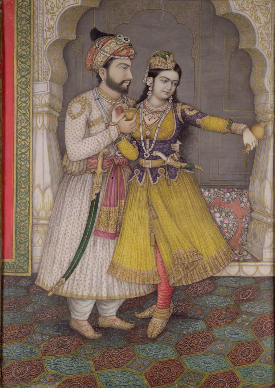 Shah Jahan og Qudsia Begum: Begumen hælder vinen væk, Kalam af Indian School