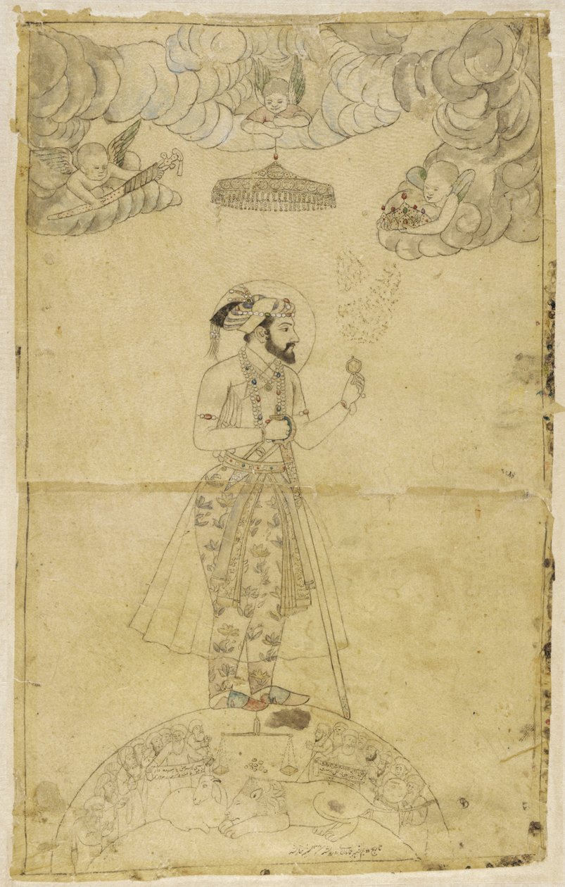 Shah Jahan stående på en globus (guld og farve på papir) af Indian School