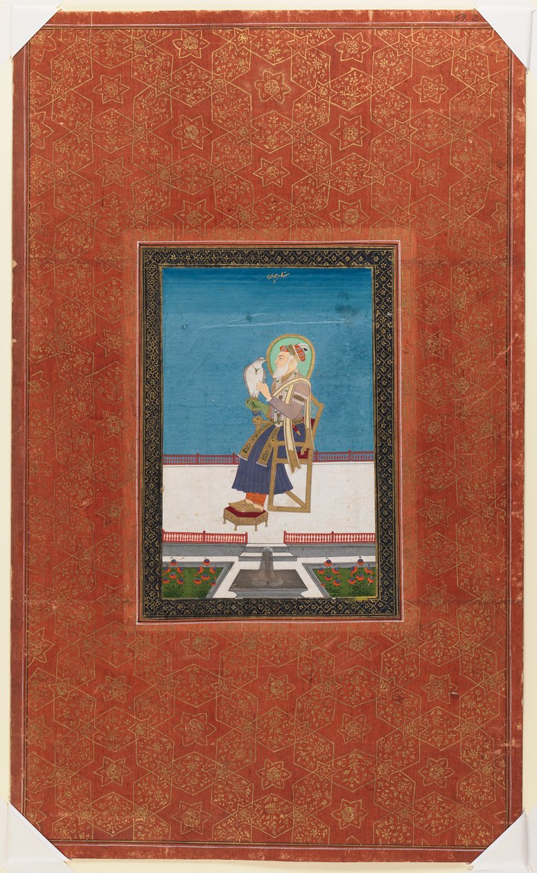 Shah Jahan med en falk, 1875-1900 (ugennemsigtigt wc & guld på papir) af Indian School