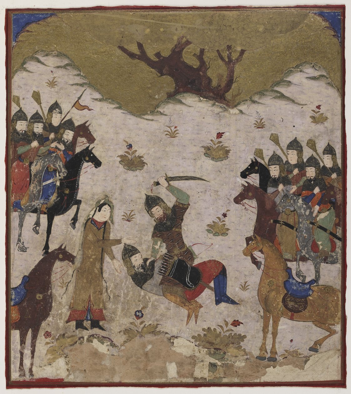Shahru identificerer Burzu som Rustams barnebarn under den sidste kamp mellem Rustam og Burzu, ca. 1425-50 (ugennemsigtig akvarel og guld på papir af Indian School