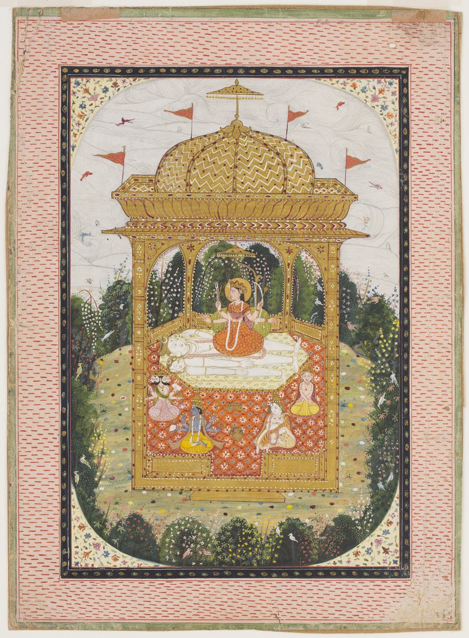 Shakti med Shiva og andre guder i et tempel, ca. 1780 (gouache og forgyldt på papir) af Indian School