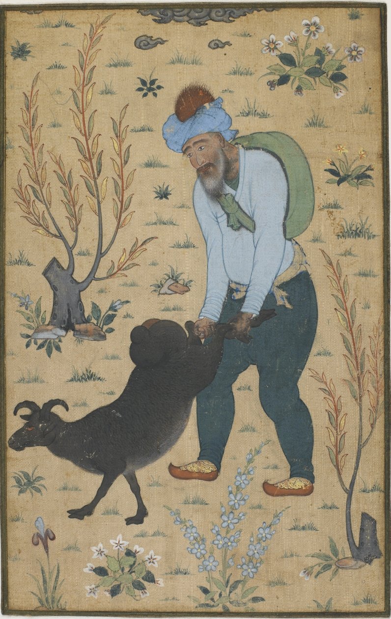 Hyrde og ged, Mughal-dynasti (farve på bomuld) af Indian School