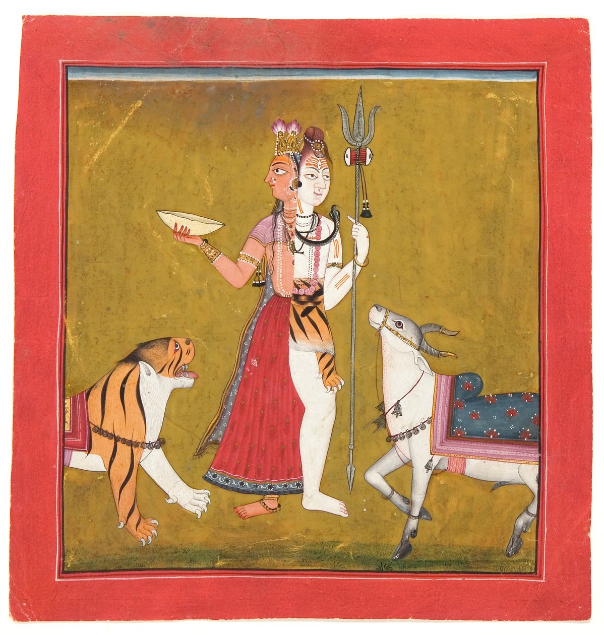 Shiva Ardhanarishvara, ca. 1715 (ugennemsigtigt wc, guld og sølv på papir) af Indian School