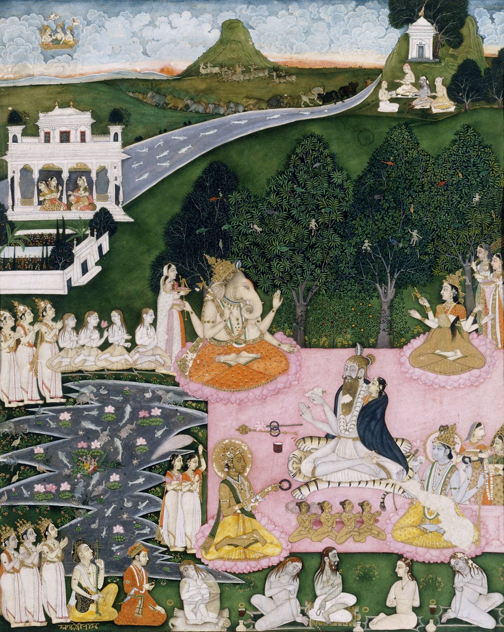 Shiva sidder på et tigerskind, holder Devi indpakket i en kappe, ca. 1760 af Indian School