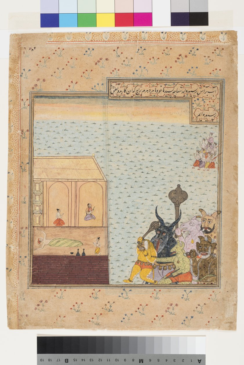 Seks dæmoner og ni guder nærmer sig et hus, hvor en mand sover, ca. 1625 af Indian School