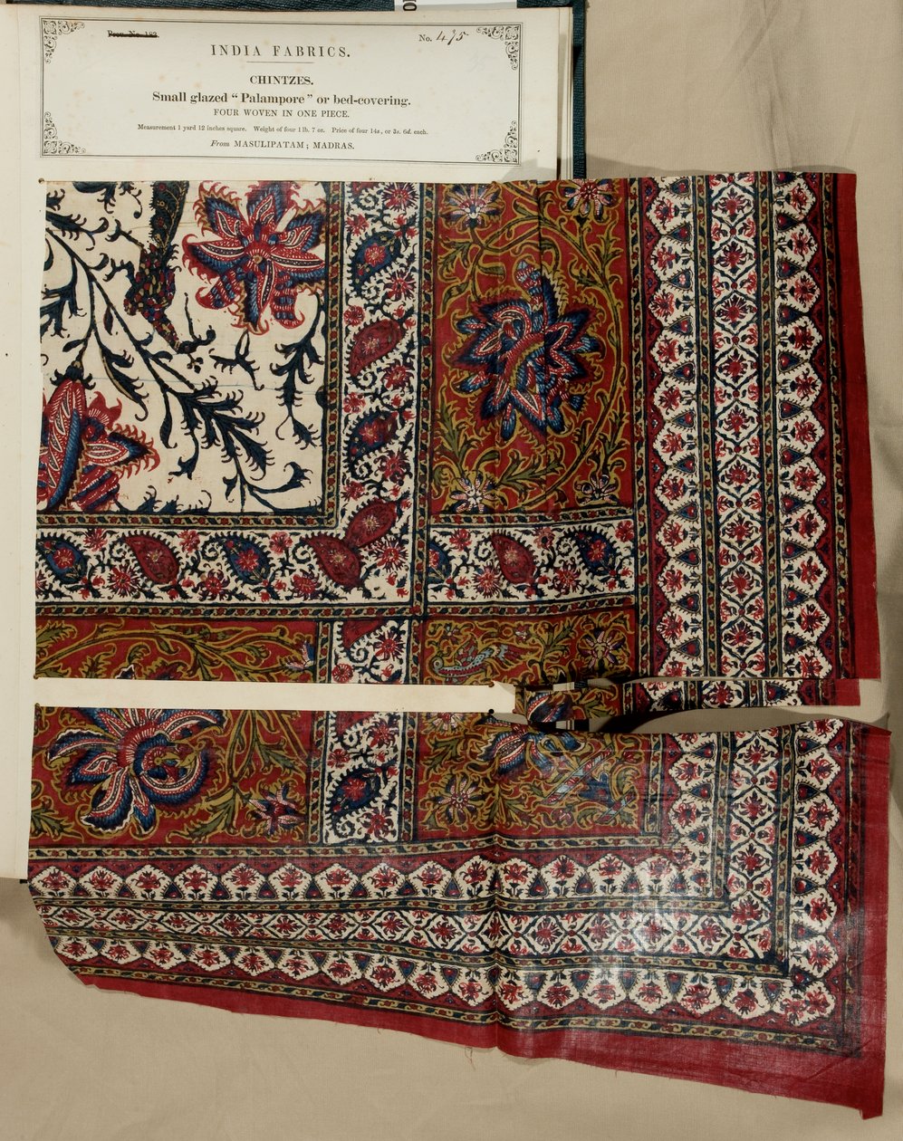 Lille glaseret palampore eller sengedæksprøve fra Masulipatam i Madras, fra The Collection of the Textile Manufacturers of India, af John Forbes Watson, udgivet i 1866 af Indian School