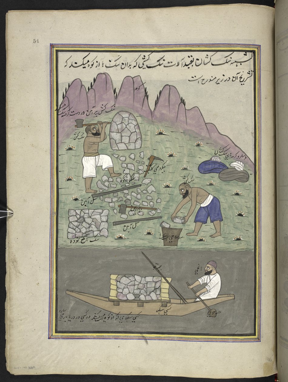 Stenbrydere,  86 tegninger indbundet i et bind, der viser håndværk og erhverv i Kashmir, håndværkere vises i arbejde med deres redskaber og udstyr,  Af en Kashmir-kunstner, sandsynligvis i Srinagar, ca. 1850-60 (gouache på papir) af Indian School