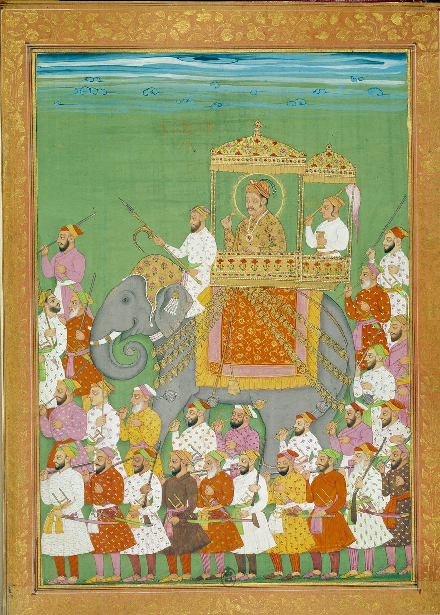 Sultan Akbar rider på en elefant med Shah Alems hof. Miniature fra en rejsehistorie af Niccolo Manucci (1638 - 1717), venetiansk opdagelsesrejsende. Indien af Indian School