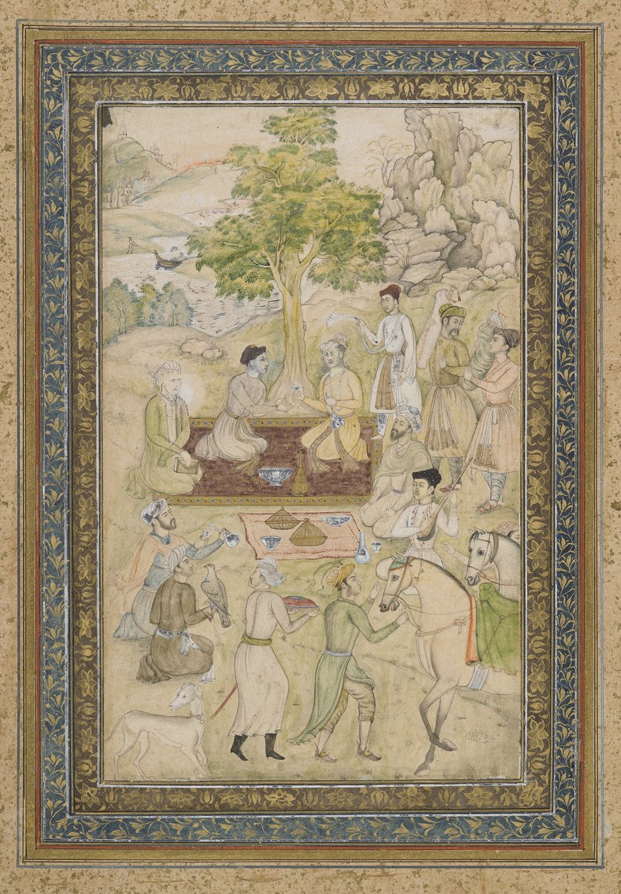 Sultan Murad og Sultan Daniyal på picnic, løsrevet albumfolio med maleri, ca. 1900 af Indian School