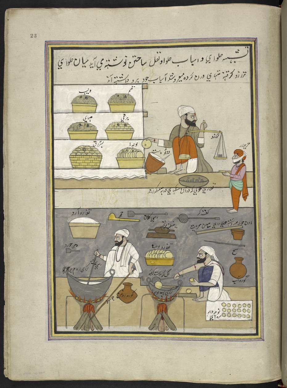 sødekødsproducenter,  86 tegninger indbundet i et bind, der viser håndværk og erhverv i Kashmir, håndværkere vises i arbejde med deres redskaber og udstyr,  Af en Kashmir-kunstner, sandsynligvis i Srinagar, ca. 1850-60 (gouache på papir) af Indian School
