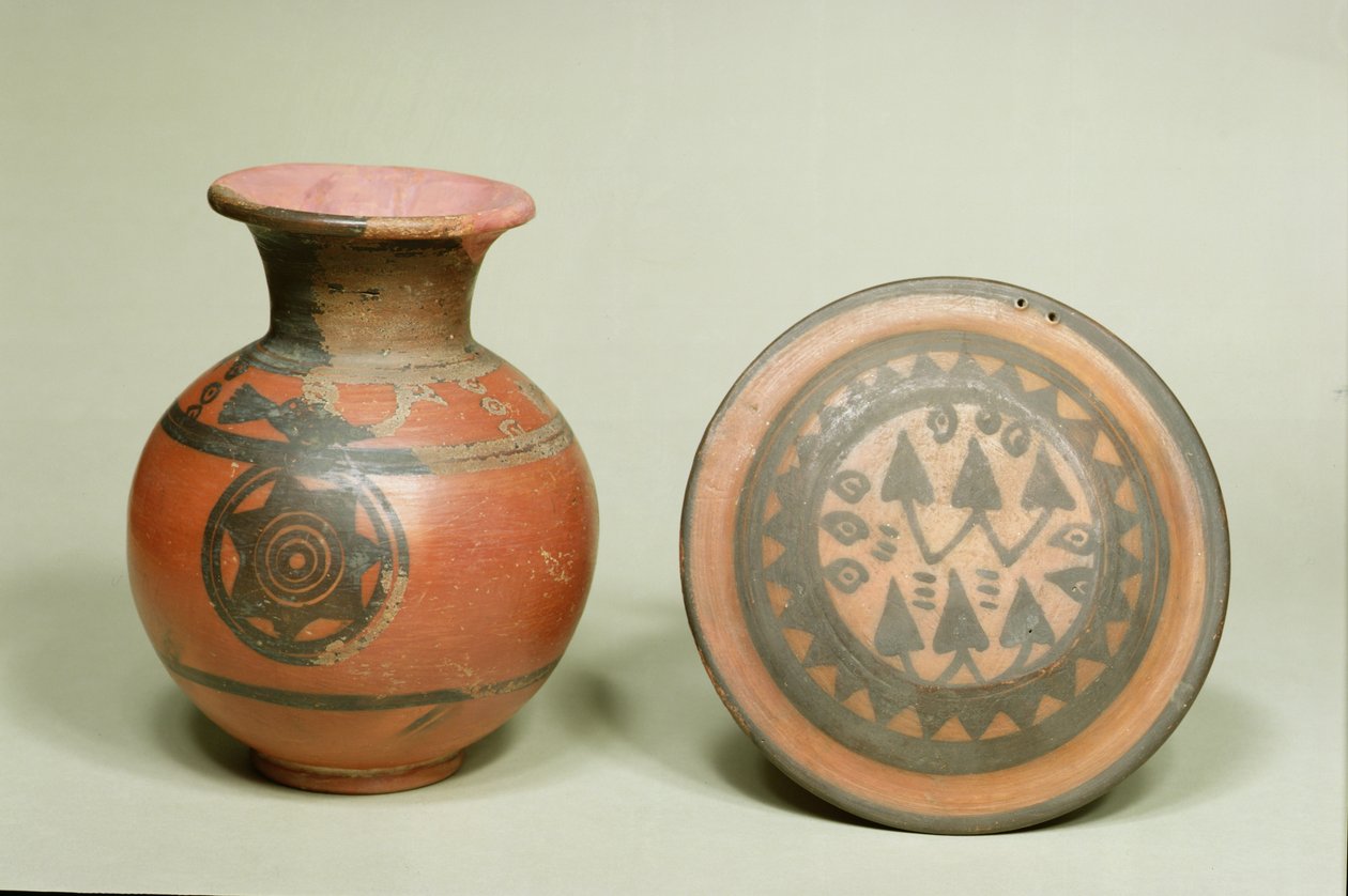 Terracotta gryde og låg, fra Cemetery H ved Harappa, Indus Valley, 1500 BC-1200 BC (terracotta) af Indian School