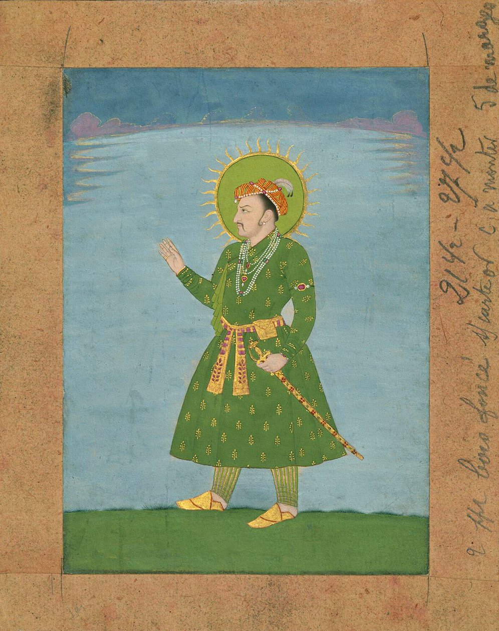 Den 4. Mughal-kejser Jahangir (r. 1605-1627), ca. tidligt 1600-tals miniaturemaleri (blæk og pigmenter på brunt papir) af Indian School