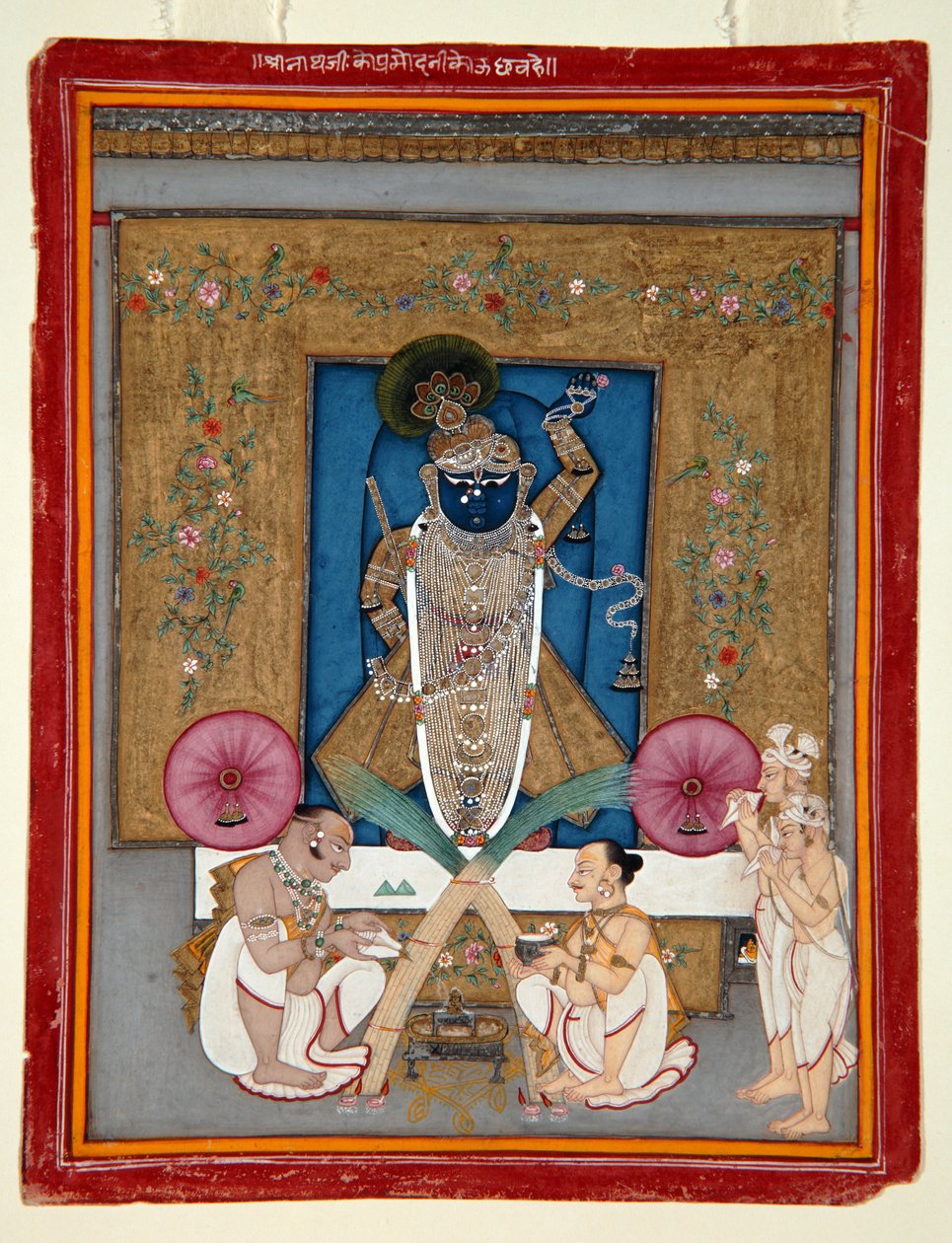 Tilbedelsen af Krishna som Shrinath ji, 1800-25 (ugennemsigtigt wc & guld på papir) af Indian School