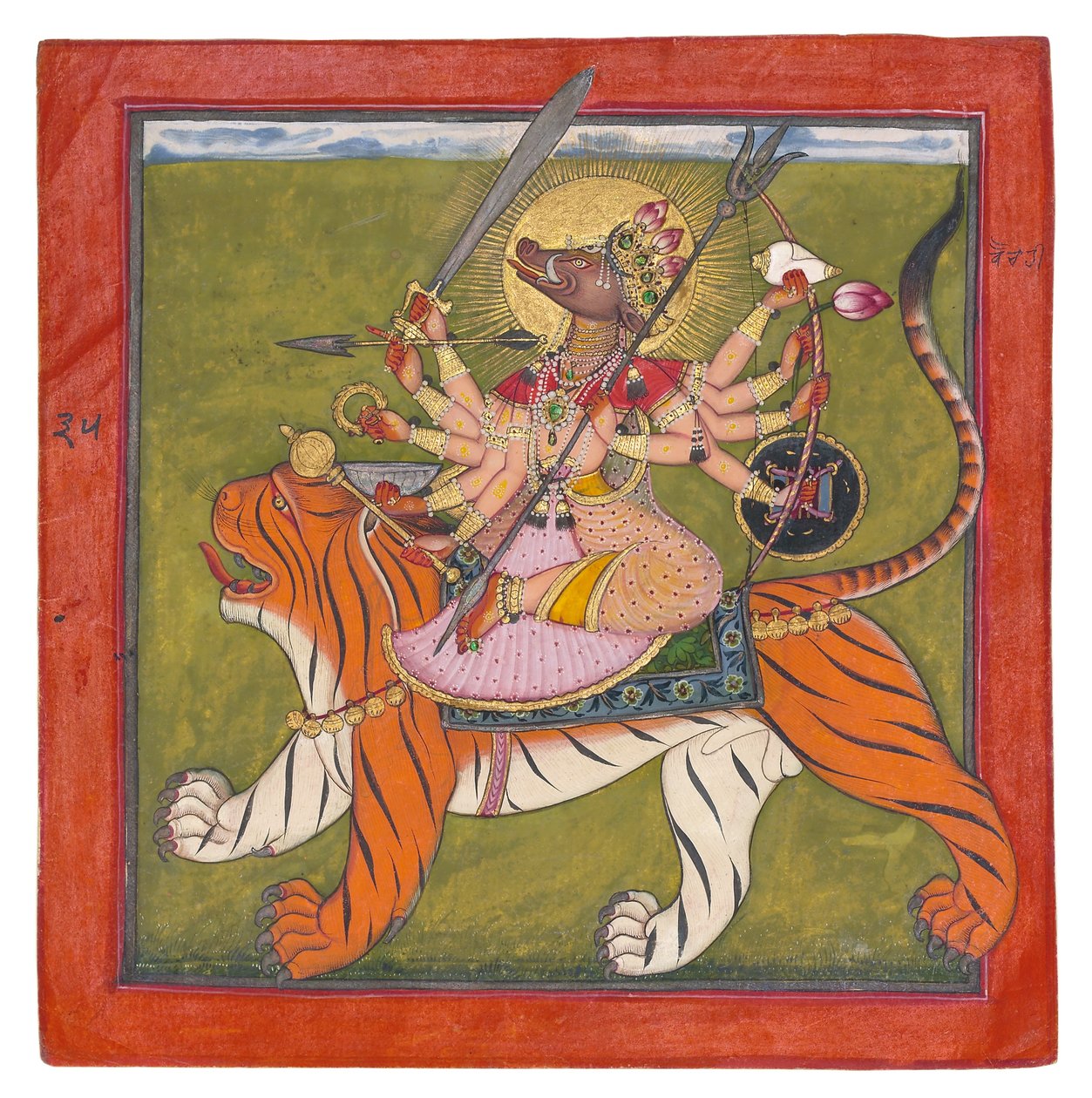 The Boar-faced Goddess, Varahi, ca. 1660-70 (ugennemsigtigt wc, guld, billeskjold på papir) af Indian School