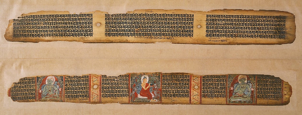 Buddha distribuerer honning fra et Prajnaparamita-manuskript, Vestbengalen (ugennemsigtig akvarel og blæk på palmeblad) af Indian School