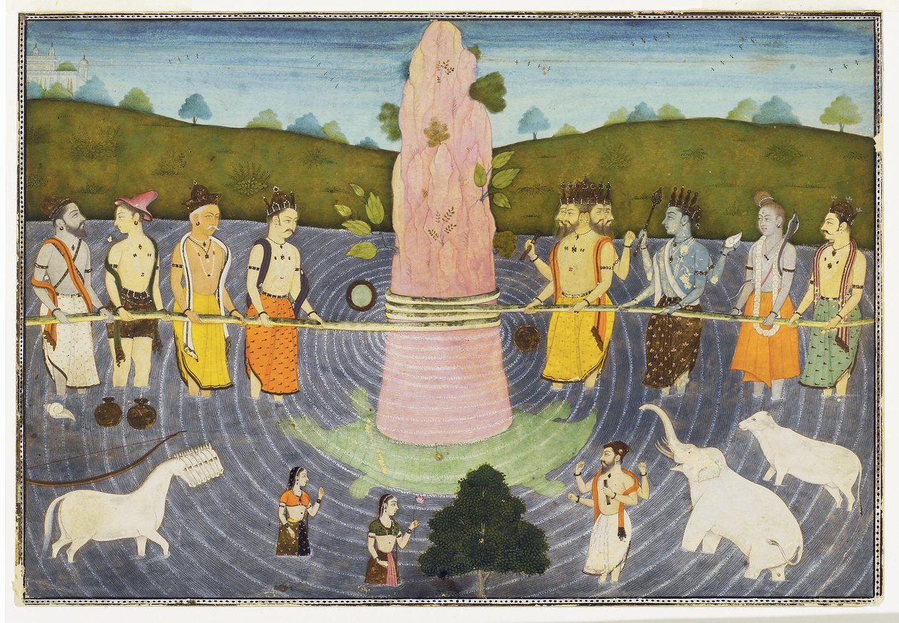 The Churning of the Ocean of Milk, ca. 1700 (ugennemsigtigt wc og guld) af Indian School