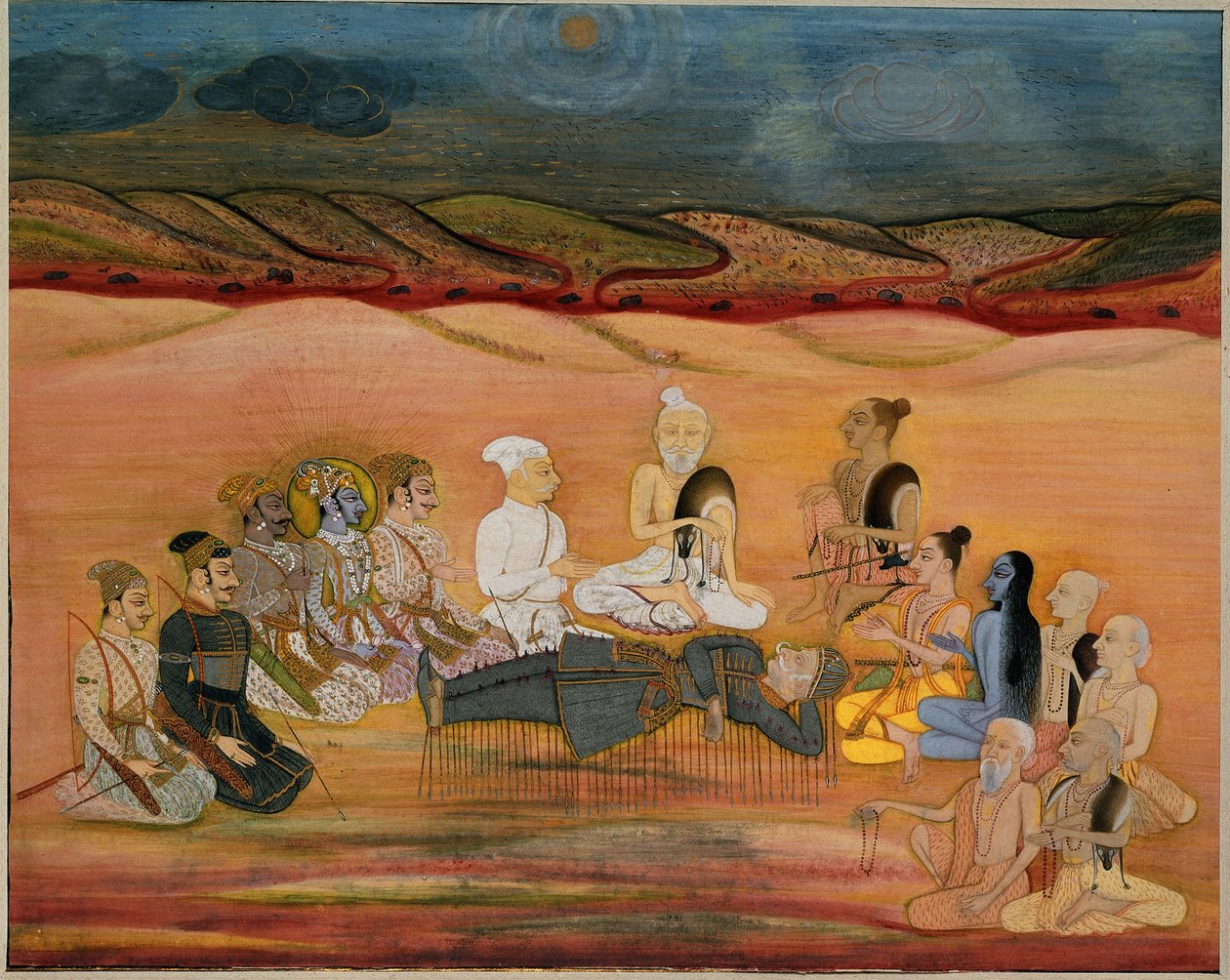 Bhishmas død, dødeligt såret af Arjunas talrige pile, ca. 1760-1770 af Indian School