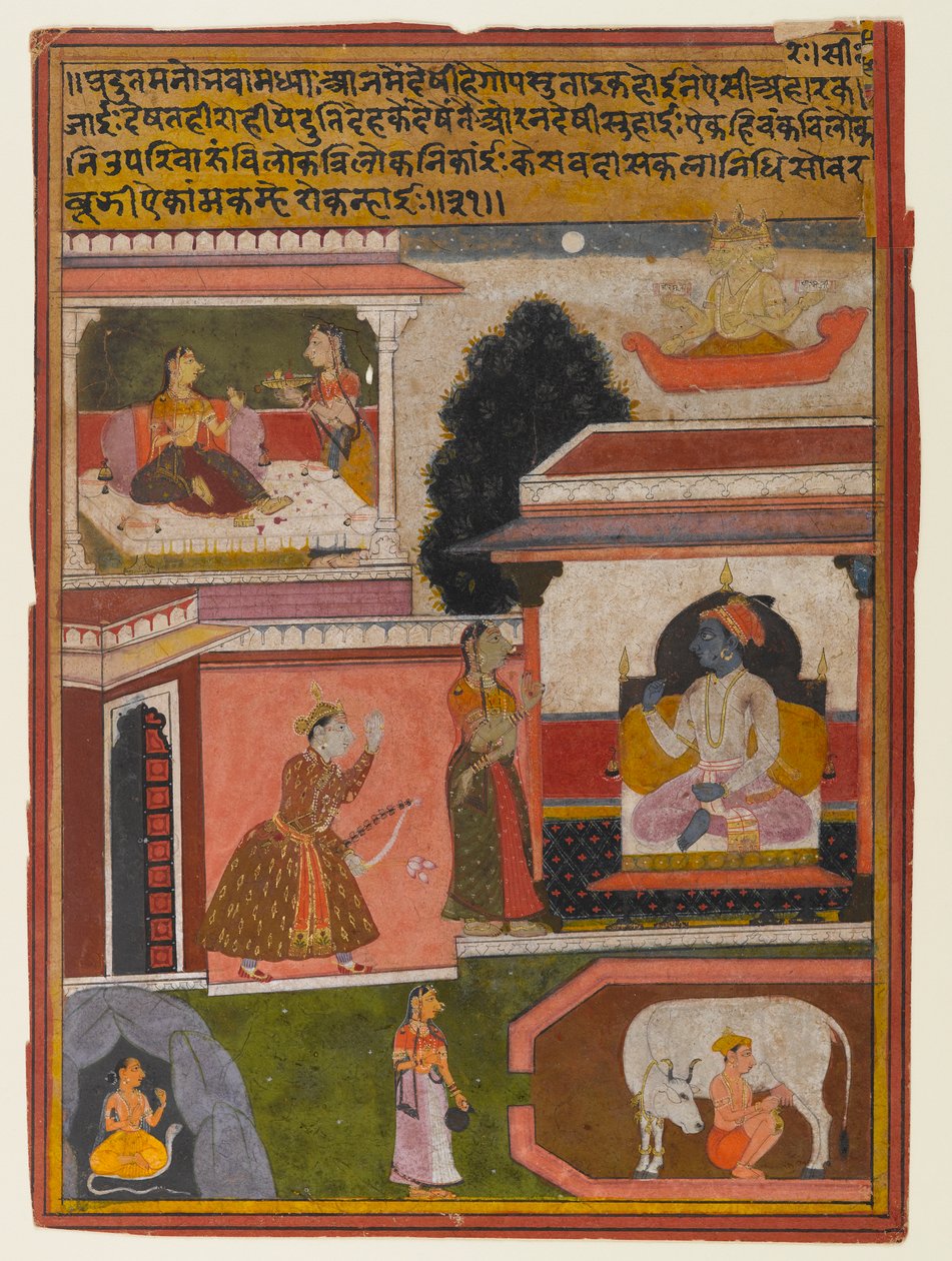 Heltinden hvis begær er tilsyneladende, side fra en Rasikapriya-serie, ca. 1660-1690 (ugennemsigtigt wc og guld på papir) af Indian School
