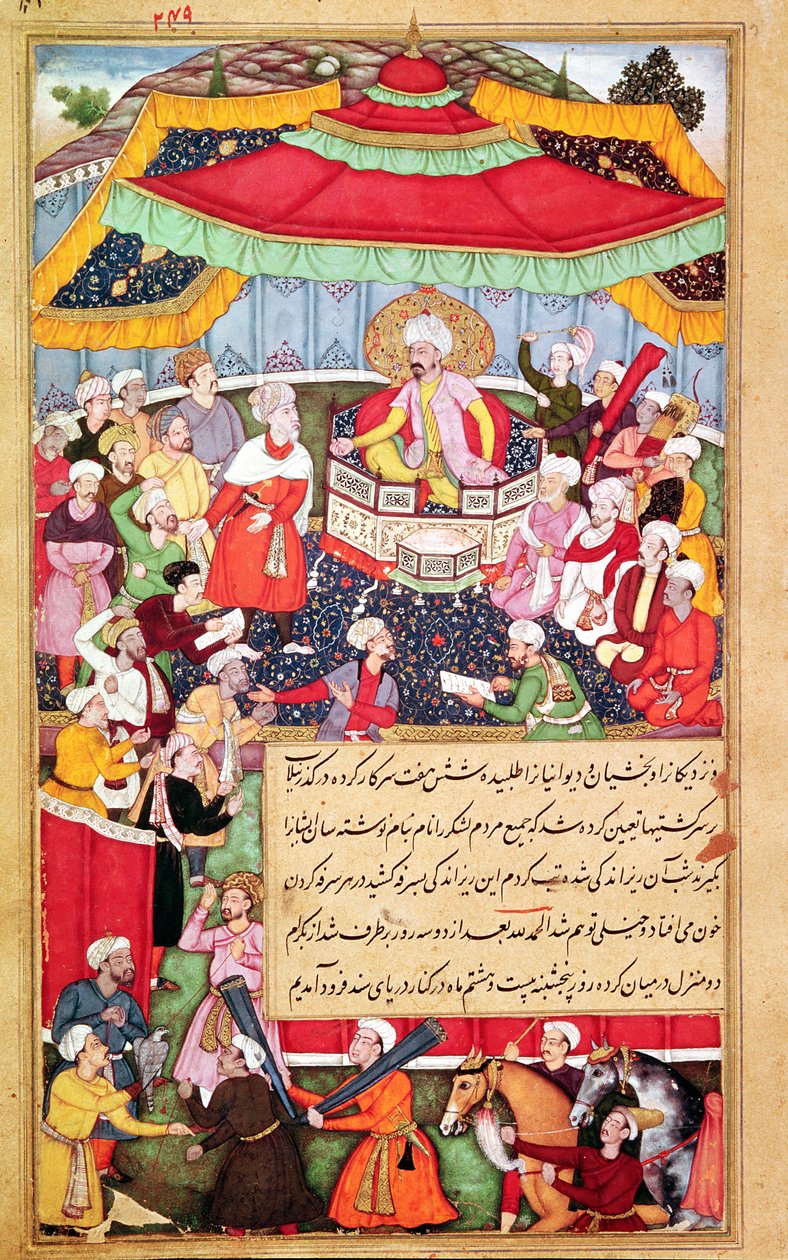 Kongen på sin trone omgivet af sine hoffolk, fra Baburnama (Memoirs of Babur) 1530 af Indian School
