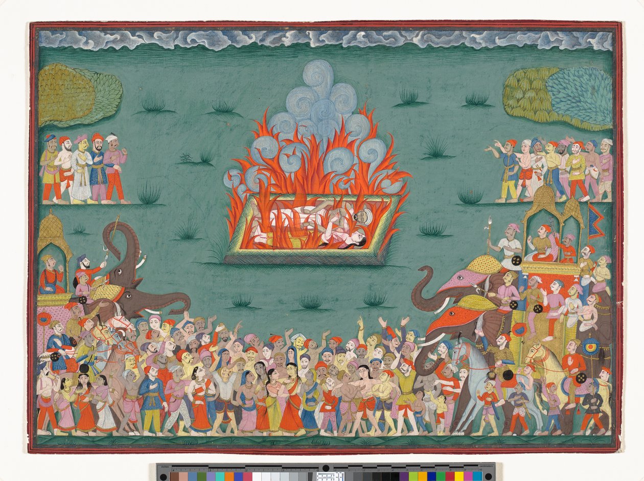 The Sati of Ramabai, hustru til Madhavrao Peshwa, ca. 1772-75 (akvarel og guld på papir) af Indian School
