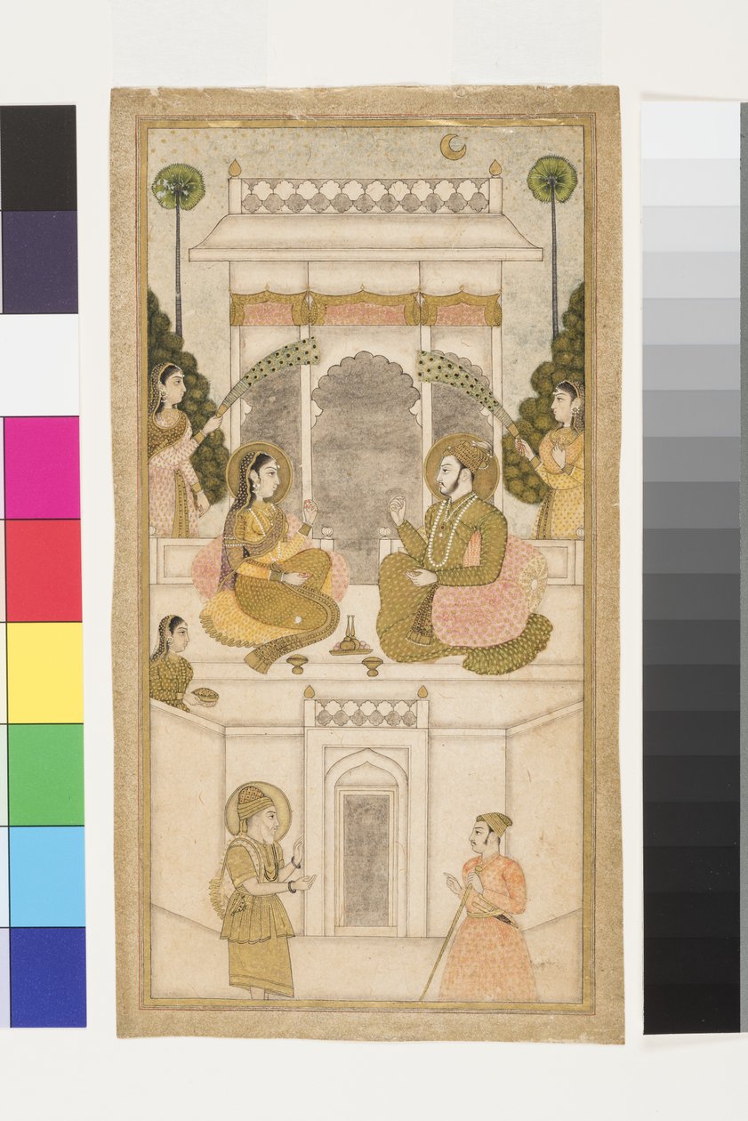 Sultanen af Golconda, Quli Qutb Shah, siddende med sin kone, 1700-25 (ugennemsigtigt wc og guld på papir) af Indian School