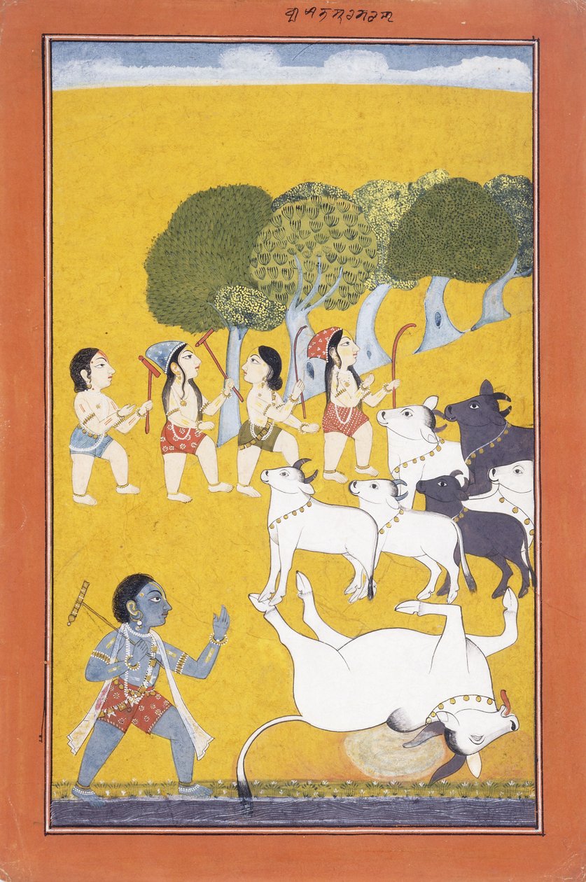 Den unge Krishna dræber dæmonen Vatsasura, der kom i skikkelse af en kalv, ca. 1730-1740 af Indian School