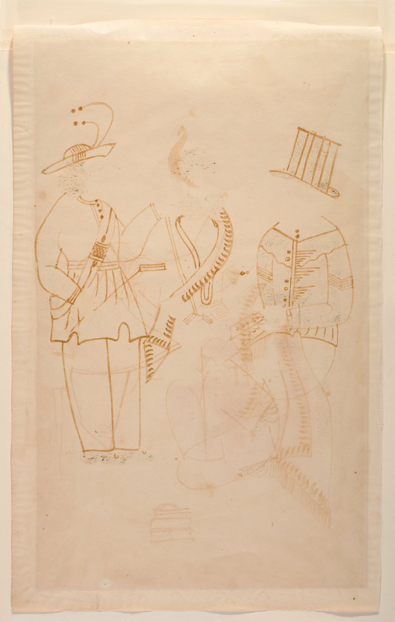 Ekspedienten Nabin dræber sin kone Elokeshi med en grøntsagsskræller, ca. 1880 (akvarel på papir) af Indian School