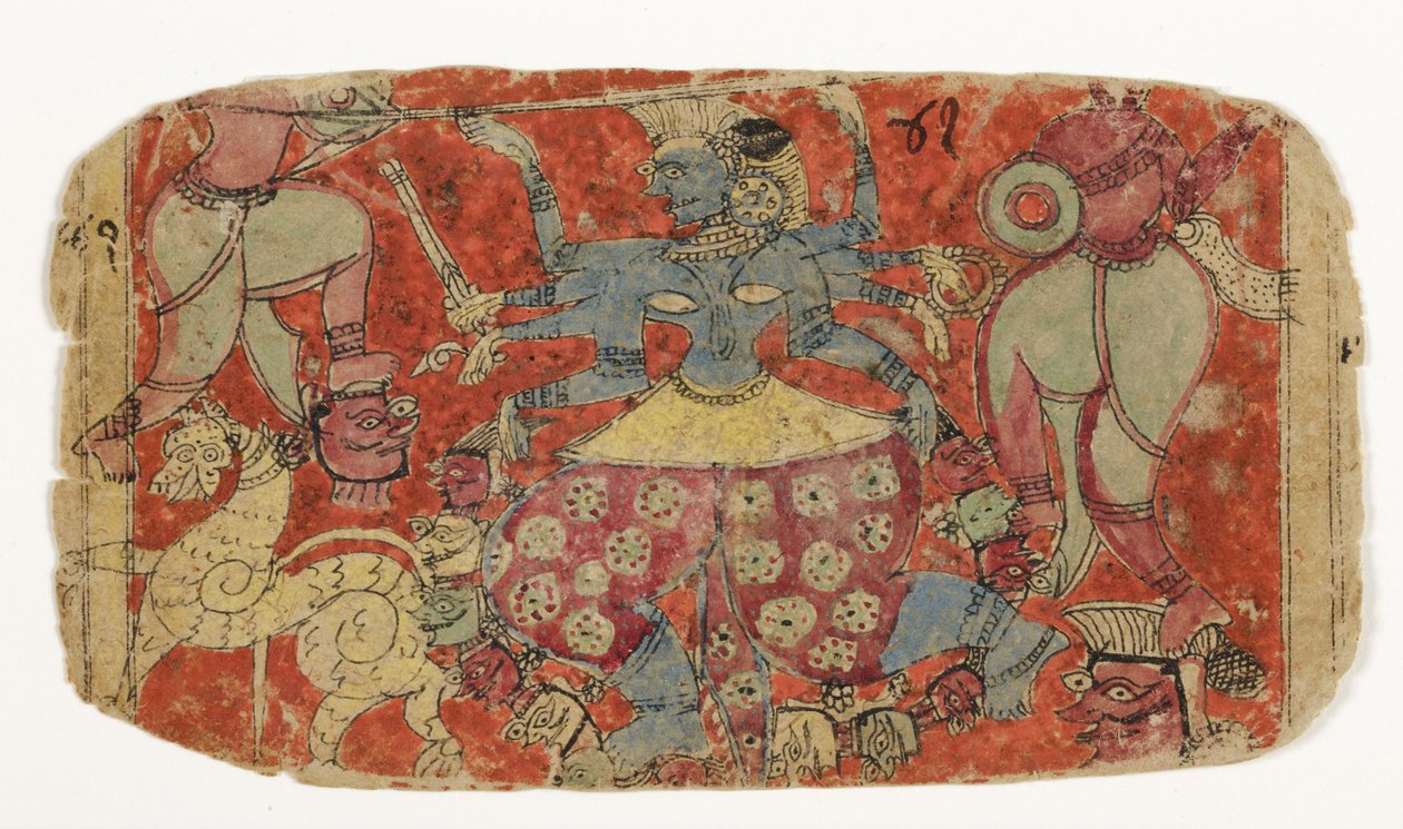 Gudinden Kali kæmper mod dæmoner, fra Durga angriber dæmonerne Shambha og Nishumbha (ugennemsigtigt wc på papir) af Indian School