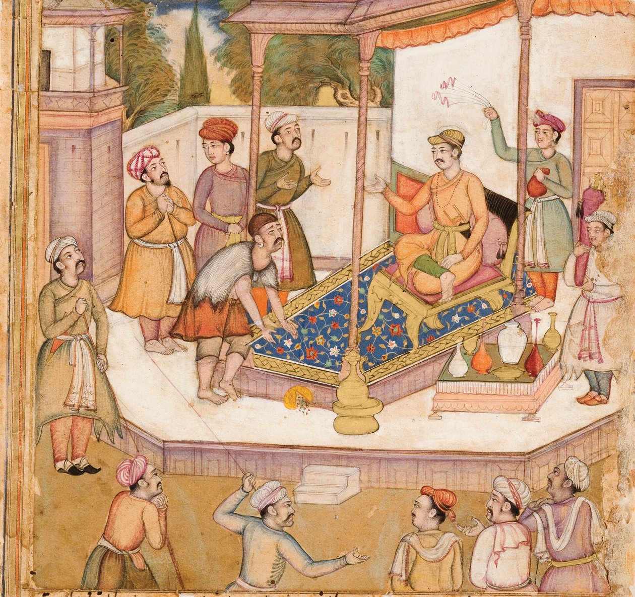 Rajaen, hvis gæst bad ham om 500 dinarer dagligt, ca. 1585 (ugennemsigtigt wc & guld på papir) af Indian School