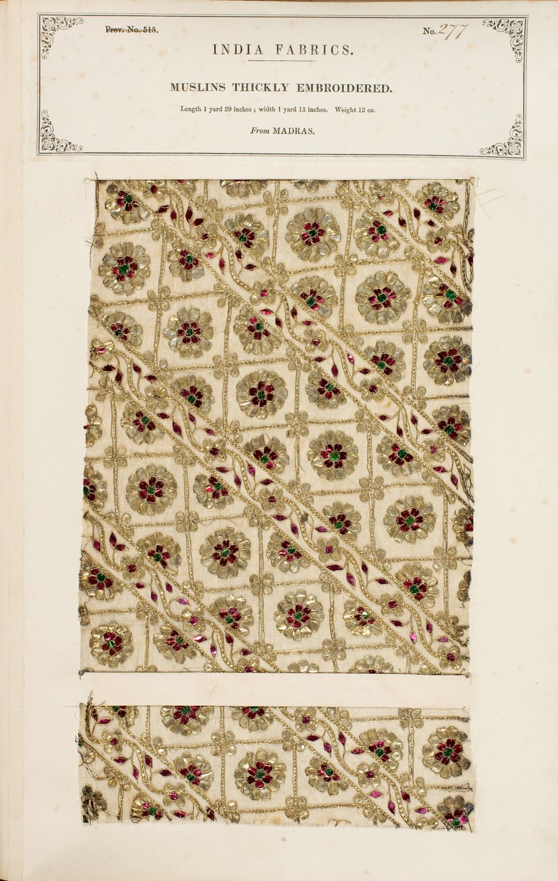 Tykt broderet muslinprøve fra Madras, fra The Collection of the Textile Manufacturers of India, af John Forbes Watson, udgivet i 1866 af Indian School