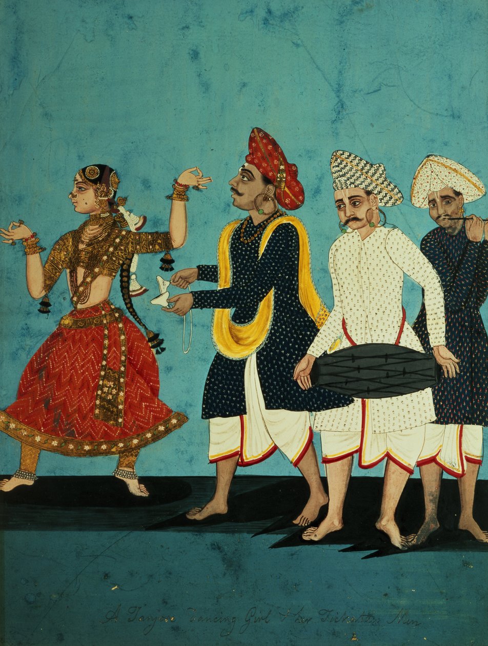 Tre musikere og en dansende pige, Tanjore, Tamil Nadu, ca. 1850 af Indian School