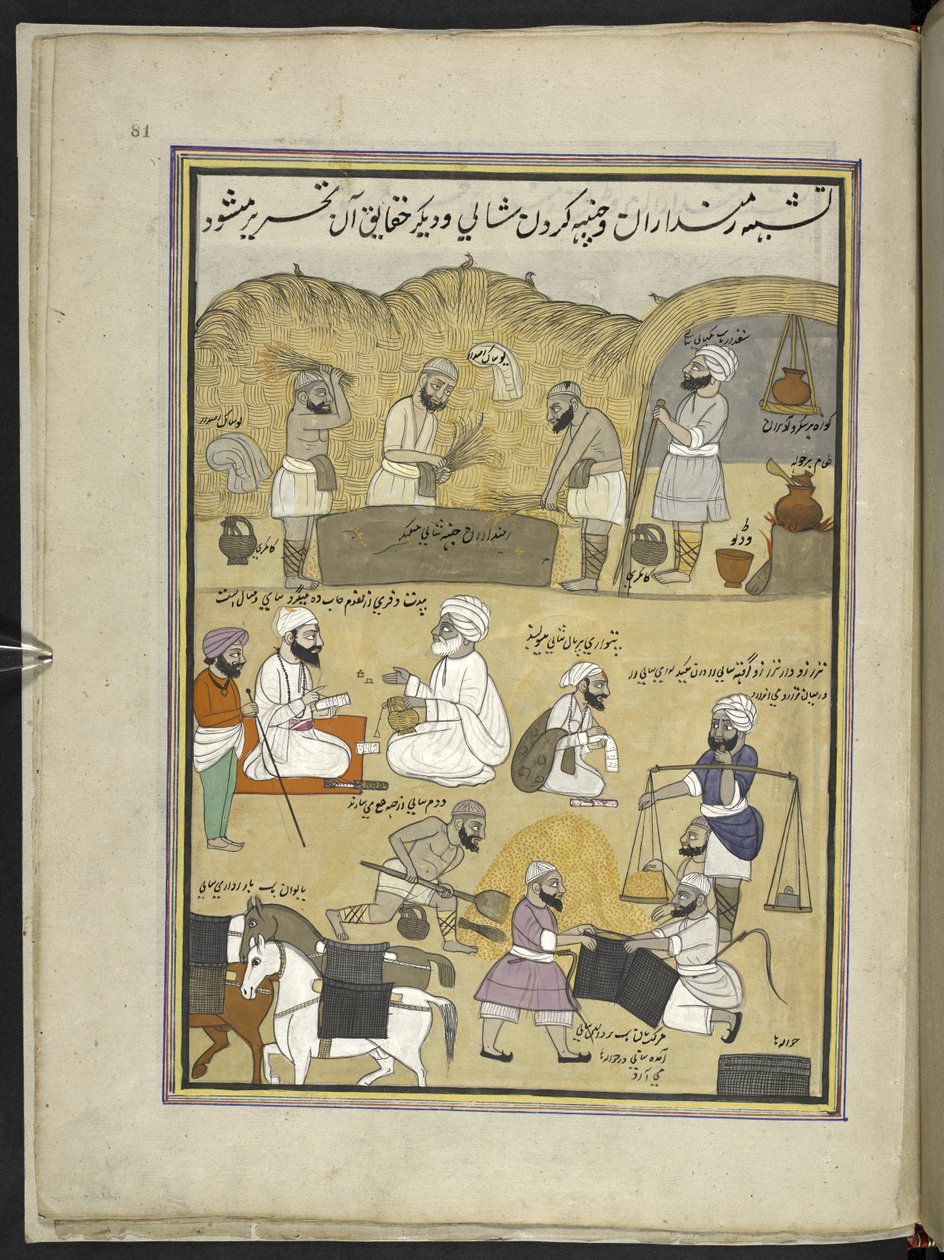 At tærske uafskallet, veje det og pakke det i sadeltasker,  86 tegninger indbundet i et bind, der viser håndværk og erhverv i Kashmir, håndværkere vises i arbejde med deres redskaber og udstyr,  Af en Kashmir-kunstner, sandsynligvis i Srinagar, ca. 1850- af Indian School