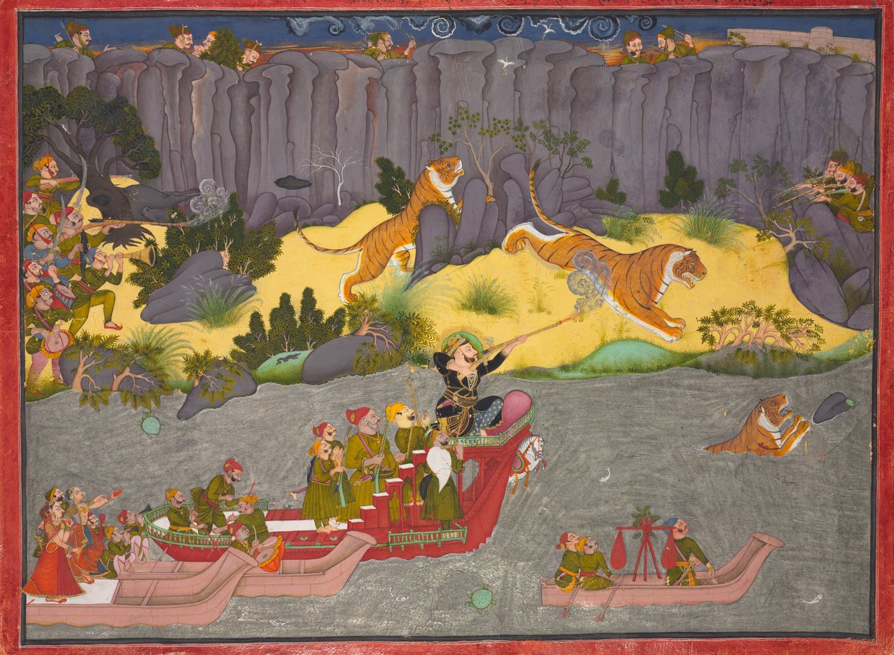 Tiger Hunt of Raja Ram Singh II, ca. 1830-40 (uigennemsigtig akvarel, sølv og guld på papir) af Indian School