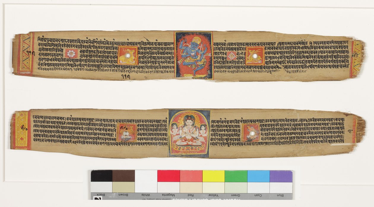 Øverst: Dansende barbermaskine; Nederst: Bodhisattva Sadakshi Awolokiteshwara og Attendants, CII- (OPQW & Inc on Palm Leaf) af Indian School