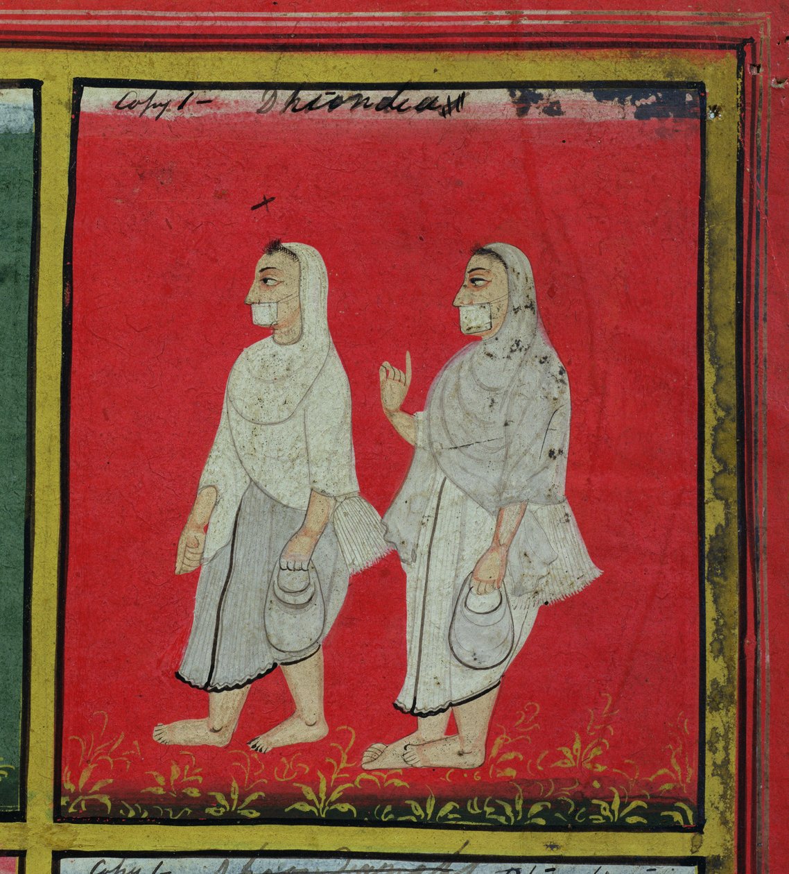 To Jain-tilhængere (dhondiya) Religious Mendicants, Udaipur, ca. 1810-20 (detaljer) (se også 136600) af Indian School