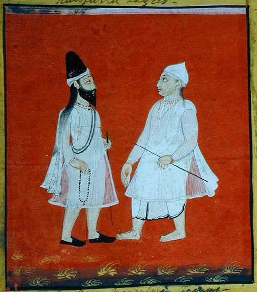 Two Wandering Muslim Faqirs (jangam) Religious Mendicants, Udaipur, ca. 1810-20 (gouache på papir) (detaljer) (se også 136600) af Indian School