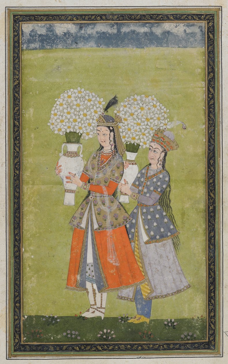 To damer bærer blomster, fritstående albumfolio med maleri, 1800-tallet af Indian School
