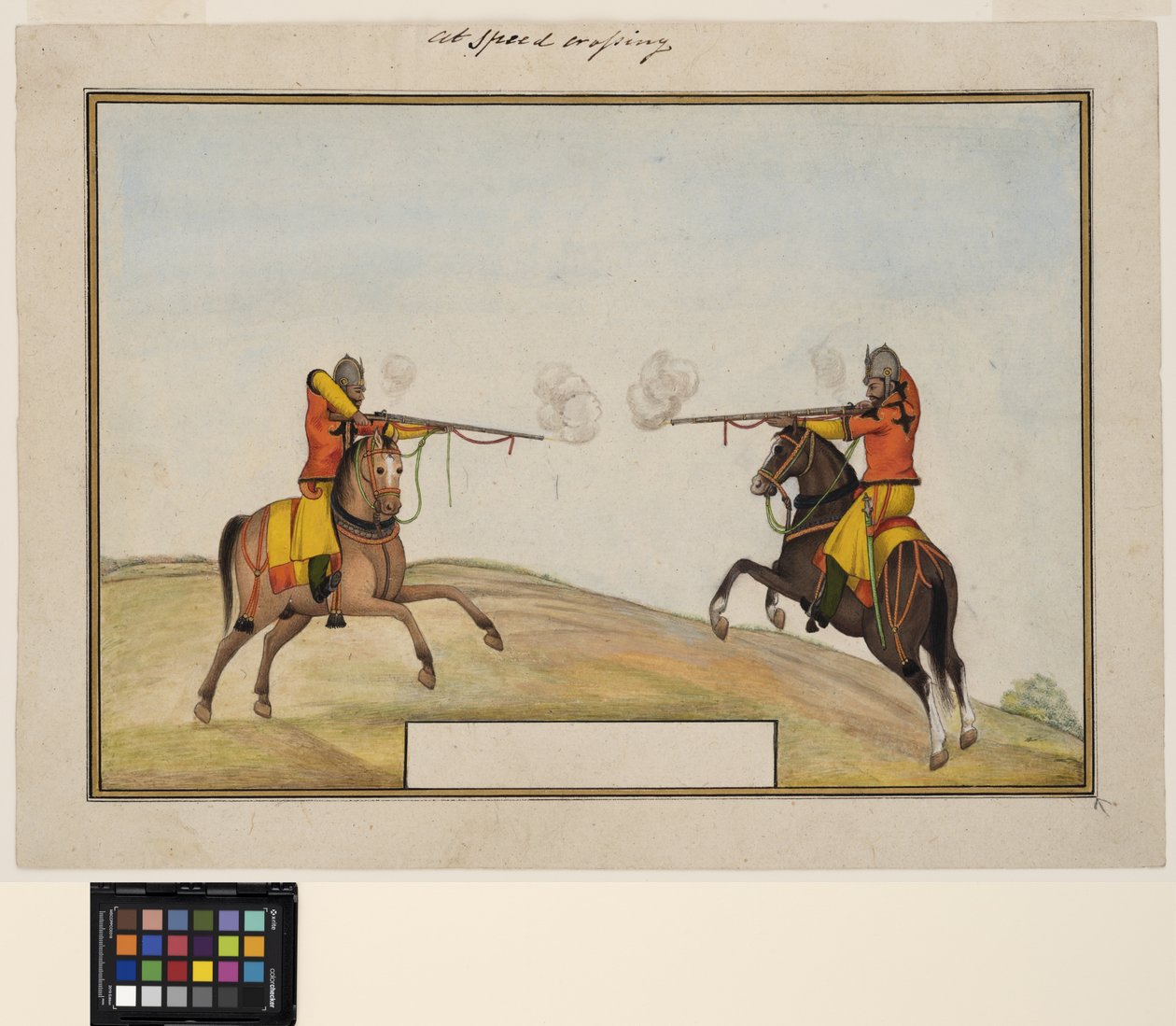 To beredne soldater udveksler riffelild, ca. 1830 (ugennemsigtig akvarel og guld på papir) af Indian School