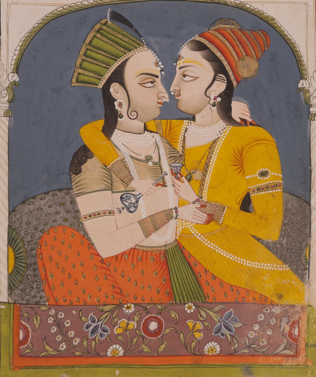 To dronninger deler en drink, fra Lovers omfavnelse i en alkove, ca. 1780 (ugennemsigtigt wc & guld på papir) af Indian School